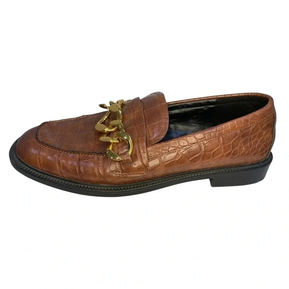 Mango Gold Chain Brown Textured Loafers | Size 8.5 - Picture 7 of 9